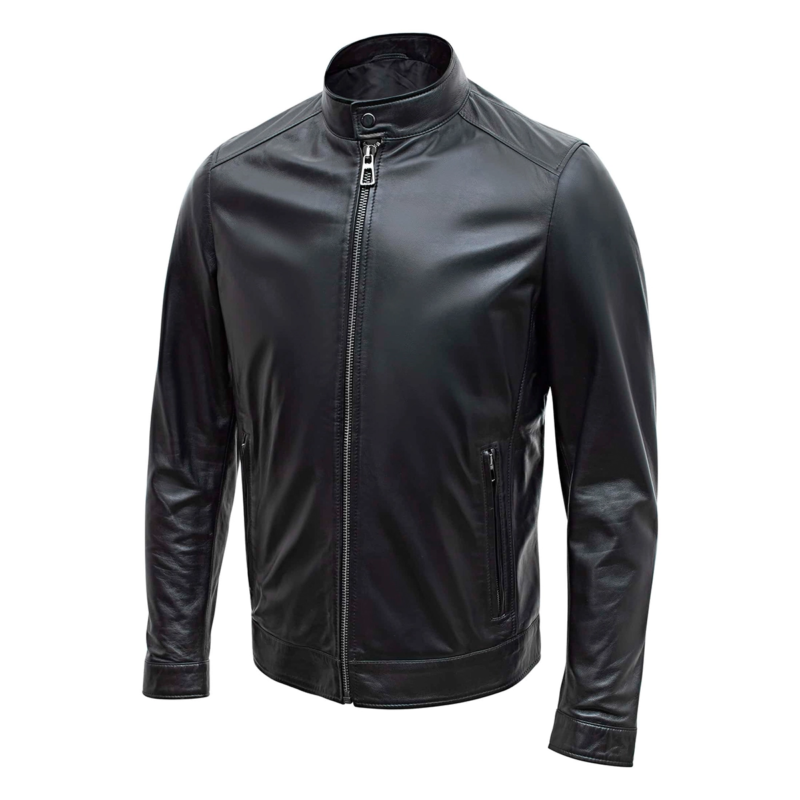 Mens Slim Fit Black Racer Leather Jacket - Image 3