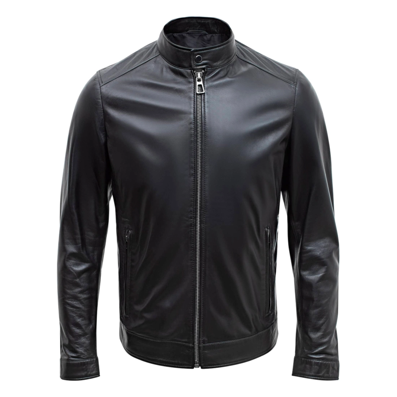 Mens Slim Fit Black Racer Leather Jacket - Image 4